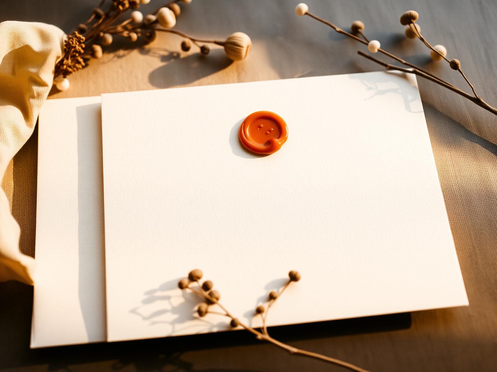 Cream-colored invitation card with amber wax seal and dried botanicals